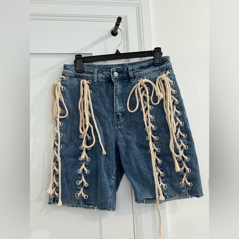 Papaya blue denim Bermuda shorts w/ lace up rope accent (juniors sizing)
